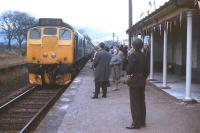 The official re-opening train (the normal mid-morning Inverness-Wick service) pulls into Alness station in May 1973. The man with the camera is Adrian Varwell, local representative of the Scottish Association for Public Transport, who played a big part in the re-opening campaign.<br>
<br><br>[David Spaven 07/05/1973]
