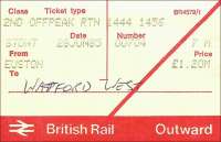 A ticket for Watford West, issued at Euston on 28 June 1985. Either they'd run out of pre-printed tickets for this destination, or, more likely, never had any. I remember the guard when I changed at Watford Junction being convinced that the few passengers who got on his Croxley Green train must be on the wrong one and meant to go to Euston instead. Now (2009) Watford West has seen no trains for years, but is not officially closed! [See image 20360]<br>
<br><br>[David Panton 28/06/1985]