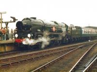 A gleaming Bulleid <I>Merchant Navy</I> Pacific no 35028 <I>Clan Line</I> prepares to leave York station with a special returning south on 14 October 1978.<br><br>[David Pesterfield 14/10/1978]