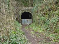 The southern portal of Tintern tunnel in March 2002. The branch to Tintern Wireworks veered off left at this point. The tunnel is due to be reopened as a footpath (which will continue across a new bridge to the old Tintern Station) in a Sustrans Connect2 scheme.<br>
<br><br>[John Thorn 01/03/2002]