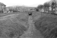 View west from King Street, Crieff, in late February 1970 towards the bridge carrying Burrell Street (A822) over the trackbed.   <br>
<br><br>[Bill Jamieson /02/1970]