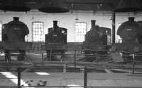 A real North Eastern scene inside one of the roundhouses at West Hartlepool. Lineup from left to right is J94 68056, J72 68715, J72 68711 and J94 68051. The photograph is thought to have been taken in March 1961. West Hartlepool shed was officially closed by BR in September 1967.  <br><br>[K A Gray 26/03/1961]