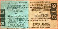Caledonian Railway workman's ticket between Glasgow Central and Houston, issued on behalf of J Paterson & Son Ltd.<br><br>[Colin Miller //]