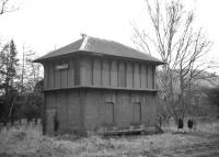 The former Caledonian Railway signal box at Peebles, closed in 1954, seen here eight years later in February 1962 - still looking remarkably intact.<br><br>[Frank Spaven Collection (Courtesy David Spaven) /02/1962]
