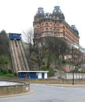 The closed St Nicholas Cliff Lift at Scarborough, standing at the opposite (south) end of The Grand Hotel from the Central Tramway on Foreshore Road and seen here in March 2010. Originally opened in 1929 by the Medway Safety Lift Company, closure of the St Nicholas Lift was announced by Scarborough Council in 2006 as part of a cost cutting exercise. A preservation group has since been formed and there are long term plans to restore operations here.  <br>
<br><br>[John Furnevel 22/03/2010]