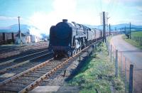 View south from the down platform at Symington in April 1959, with BR Light Pacific 72005 <I>Clan MacGregor</I> about to run through the station at the head of a down express. The train is passing the goods yard at the south end of the station with the former Caledonian Railway Peebles branch turning east on the other side (by this time having been cut back to Broughton). The road entrance on the right leads to a junction with the A702.<br><br>[A Snapper (Courtesy Bruce McCartney) 04/04/1959]