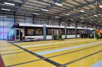 First of the newly delivered Blackpool Supertrams, photographed during an official ceremony in the new tram depot at Starr Gate on 8 September 2011 [see news item].<br><br>[Tony Roberts (Courtesy Mark Bartlett) 08/09/2011]