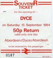 The special edition ticket issued on the re-opening of Dyce station on 15 September 1984.<br><br>[John Williamson 15/09/1984]
