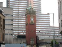 The remaining monument to Nottingham Victoria station, seen here on 19 August 2010, surrounded by the Victoria Shopping Centre. The station, opened on 24 May 1900 by the Great Central and Great Northern Railway companies, originally carried two names. Nottingham Central (used by the GCR) and Nottingham Joint (used by the GNR), a situation that obviously could not be allowed to continue. The problem was finally resolved around 3 weeks later when a compromise agreement was reached to rename the station Nottingham Victoria with effect from 12 June 1900. Nottingham Victoria station was officially closed on 4 September 1967. [See image 31821] <br>
<br><br>[Mark Poustie 19/08/2010]