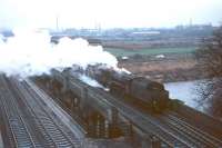 A Black Five with a freight northbound from Carlisle in the sixties. The train is crossing the 1942 bridge built to carry the goods lines over the River Eden at Etterby.<br><br>[Bruce McCartney //]