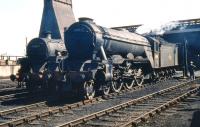 A sunny day at Eastfield on 23 May 1959. Locomotives on shed include Haymarket A3 Pacific no 60096 <I>Papyrus</I> standing alongside one of Eastfield's Standard class 5 4-6-0s no 73108. <br><br>[A Snapper (Courtesy Bruce McCartney) 23/05/1959]