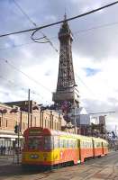 Car no 672, with 682 trailing, heading south past Blackpool Tower on the 19th of October 2010.<br><br>[Bill Roberton 19/10/2010]