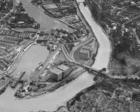 Part of a 1948 poster showing Bristol's Cumberland Basin (Docks) in almost the original layout. If you look closely you can discern the tracks that fed into the complex via the 'road over rail' Ashton Swing Bridge, bottom right. [See image 31558 for a view of the bridge today].<br><br>[Peter Todd //1948]