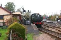 Ex-GWR 0-6-0PT no 1638 arrives at Northiam station on the Kent and East Sussex Railway on 28 October 2010 with a train for Tenterden Town. <br>
<br><br>[John McIntyre 28/10/2010]