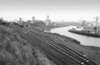 Looking towards the extensive Wearmouth Colliery, standing alongside the River Wear, approximately 2 years before official closure in 1993.The abandoned site was later cleared to make way for the 50,000 seat 'Stadium of Light', the current home of Sunderland FC, opened in 1997. [See image 36341] Wearmouth Coal Company<br><br>[Bill Roberton //1991]