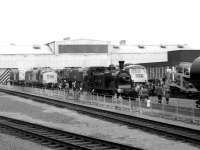 The south side of Eastfield MPD on 16 September 1972 during the Railfair and open day. The photo was taken from the Metro Cam <br>
DMU that operated a shuttle service from Queen Street station up to a temporary platform adjacent to the depot.<br>
<br><br>[John McIntyre 16/09/1972]