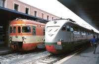 Contrasting emu front ends at Venice Santa Lucia station in 1983.<br>
<br><br>[Bill Roberton //1983]