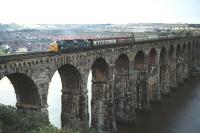 Deltic no 9019 <I>Royal Highland Fusilier</I> slowly crossing the Royal Border Bridge approaching the Berwickstop with train 1S30 the 08.30 Newcastle - Edinburgh on12th September 1970.<br>
<br><br>[Bill Jamieson 12/09/1970]
