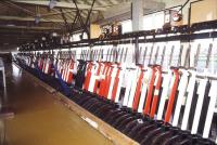 Inside the UK's biggest mechanical signal box, Shrewsbury's 180 lever Severn Bridge Junction, in October 1989. Spencer Street no 1 in Melbourne, with 192 levers, is the world's only larger such installation. <br><br>[Ian Dinmore 26/10/1989]