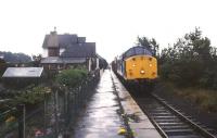 37511 stands in the rain at Warcop station in August 1988 with a munitions train. The line from Appleby was closed by BR the following year. Warcop is now the home of the Eden Valley Railway.<br><br>[Ian Dinmore 23/08/1988]