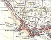 'The Three Towns' is the local name for the contiguous settlements of Ardrossan, Saltcoats and Stevenston. As you can see from this 1945 OS One Inch map there was once real railway competition even in this small pond with nine passenger stations between three small close-packed towns. It was the former Lanarkshire and Ayrshire Railway's line which lost out. All the stations open then are open today, though at the end of the branch Ardrossan Winton Pier was cut back a bit after being renamed Ardrossan Harbour. The other two Ardrossan stations are Ardrossan Town, then, on the border with Saltcoats, Ardrossan South Beach. Crown Copyright 1945.<br>
<br><br>[David Panton //1945]