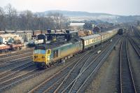 The 08.35 from Birmingham New Street headed by class 50 no 436 is within sight of its final destination as it approaches Perth station close to its scheduled arrival time of 16.25 on the afternoon of Thursday9th April 1970. <br>
<br><br>[Bill Jamieson 09/04/1970]