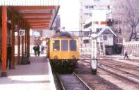 A DMU for Doncaster prepares to depart from Lincoln in July 1986.<br><br>[Ian Dinmore /07/1986]