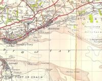 Part of the One Inch OS map of 1945 showing the D&A Joint line east of Dundee, and the start of the Forfar direct line. Elsewhere some efforts were taken to avoid having two stations with the same name, but Scotland seemed to manage with two Barnhills, here and in Glasgow, as well as the signal box near Perth. Note the closed Buddon Siding station. The camp and firing ranges are still there, and disconcerting sounds of gunfire (which famously doesn't sound like gunfire) can be heard in the Barry area. Also worthy of note is the ferry route between Tayport and Broughty Ferry, once an important link (along with the Granton - Burntisland ferry) in the Edinburgh and Northern Railway's route north from the capital. [See image 14217]. Crown copyright 1945.<br>
<br><br>[David Panton //1945]