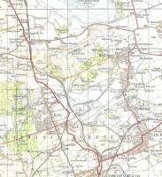 The direct line to Perth runs north to south in this extract of the <br>
1957 OS One Inch map. Kelty station closed in 1930, surprisingly early; perhaps it succumbed to bus competition being rather far from the centre. The station to the north was Blairadam. This was very much coal-mining country and there are plenty of colliery lines. The trackbed of the one between Kelty and Lochore is now substantially underwater as an artificial lake and country park have been created. It is called Lochore Meadows, a name which would have sounded rather sarcastic at the time of the map. Crown copyright 1957.<br>
<br><br>[David Panton //1957]