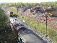 The northern approach to Millerhill yard on 12 April 2011, with work in connection with the new Borders Railway route to Tweedbank now underway in the background.<br><br>[John Furnevel 12/04/2011]