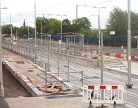 Velodrome - one of several new Metrolink stations taking shape on the route from Manchester Piccadilly out to Ashton-under-Lyne. This station will serve <I>Sport City</I> which includes the National Cycling Centre and the Manchester City Football Ground. Evening view looking east towards Ashton. <br><br>[Mark Bartlett 12/05/2011]