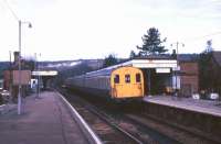 A <I>'Thumper'</I> on 'Route 66'. DEMU no 1101 (205001) standing alongside platform 2 at Oxted station in March 1986. The unit has since been preserved and is currently undergoing restoration work on the East Kent Railway.<br><br>[Ian Dinmore /03/1986]