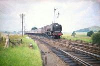 Stanier Pacific no 46243 <I>City of Lancaster</I>, in Crimson Lake livery, about to run through Symington at speed on the first day of August 1959 with the up Glasgow Central - London Euston 'Mid-day Scot'.<br><br>[A Snapper (Courtesy Bruce McCartney) 01/08/1959]