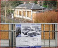 Close up of the ongoing work on the former station building at Pitfodels on 27 December 2011 [see image 36969]. Below is the <I>'architects impression'</I> of the finished project looking over what is now the Deeside Way.<br><br>[Brian Taylor 27/12/2011]