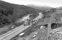 Busy scene south of Dalnaspidal in April 1978 with the down main line reinstated.<br><br>[Bill Roberton /04/1978]