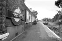 The former Great Eastern Railway terminus at Ongar on 23 July 1993 with a London Underground Central Line train at the platform. The station officially closed on 30 September the following year but is now the headquarters of a preservation group. The objectives of the group, <I>'The Epping Ongar Railway Ltd'</I>  include the reinstatement of scheduled passenger services between the two locations.<br><br>[Bill Roberton 23/07/1993]