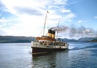 The former Caledonian Steam Packet Company paddle steamer <I>'Jupiter'</I>, approaching Wemyss Bay in August 1957.<br><br>[A Snapper (Courtesy Bruce McCartney) 16/08/1957]