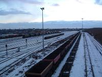 A February 2004 view west over the staging sidings at Tees Marshalling Yard. Off to the left is Thornaby Shed, now closed [see image 20792]. Behind the camera are the down sorting sidings.<br><br>[Ewan Crawford 28/02/2004]