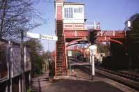 Platform view looking east towards the level crossing at Wylam in May 1990. <br><br>[Ian Dinmore /05/1990]