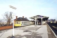 DMUs at a pre-electrification Lichfield City station in March 1990.<br><br>[Ian Dinmore /03/1990]
