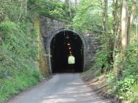 A narrow gauge tunnel with standard gauge dimensions. The L&MVR was quite advanced in its thinking as it conveyed standard gauge wagons on narrow gauge transporters so the tunnel at Butterton had to be large enough to accommodate them. Although most of the branch trackbed is now a footpath and cycleway a short stretch from Wetton to Butterton also carries light road traffic. This section includes the tunnel, viewed here from the southern end. Butterton Halt was just on the north side at which point the road veers away again leaving the <I>Manifold Valley Trail</I> to be followed to Hulme End.<br><br>[Mark Bartlett 24/05/2012]