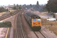 50044 <I>Exeter</I> hurries a Paddington bound train through Taplow on the Up Slow line in 1981. Thankfully the former D444 was preserved and, over thirty years later, is still main line registered. The Austin Maxis will not have been so fortunate.  <br><br>[Mark Bartlett 18/07/1981]