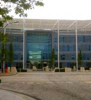 The atrium of the new Network Rail HQ in Milton Keynes, with barely visible white 'Network Rail' script on the glass. The building, seen here on 27 June 2012, is about five minutes' walk from Central station.<br><br>[Ken Strachan 27/06/2012]