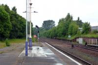 Looking north from the down platform at Dumfries station in June 2012, with the filled in bays on the left. For a similar view in 1965 [see image 25943].<br><br>[Colin Miller /06/2012]