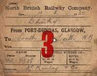 NBR wagon label for a consignment of whisky from Port Dundas to South Leith on 11 August 1922.<br><br>[Bill Roberton 11/12/2003]
