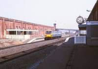 A DMU stands at Stockton station on 16 May 1990. The overall roof was removed and the station 'rationalised' here in 1979 [see image 27210].<br><br>[Ian Dinmore 16/05/1990]