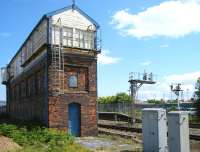 The closed Rhyl no 2 signal box at the Holyhead end of Rhyl station in June 2012. The disused structure is grade 2 listed.<br><br>[Veronica Clibbery 19/06/2012]