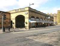 The main entrance to York station in March 2010. The area under the portico is used mainly by taxis, while the canopy along the front of the building is for the benefit of passengers using the various bus services that call here.<br><br>[John Furnevel 21/03/2010]