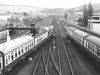 The southern approaches to Perth station in 1970, with a pair of type 2s leaving with an Inverness - Edinburgh train.<br><br>[John Furnevel 25/05/1970]