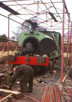 No 3 receiving attention at the Motherwell Bridge (Thermal) engineering works (the former workshops of Scottish Oils Ltd) at Uphall on 23 February 1965. The 0-4-0 locomotive (AB1960/1929) had been purchased from the Broxburn Oil Company a year earlier.<br><br>[Frank Spaven Collection (Courtesy David Spaven) 23/02/1965]
